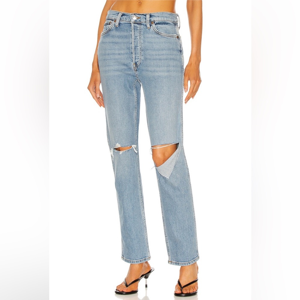Re/Done Originals 80's Slim Straight in Brisk Blue with Rips